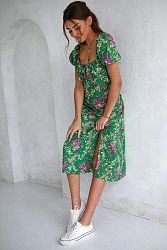 Fialovo-zelené kvetované šaty s rozparkom 0596